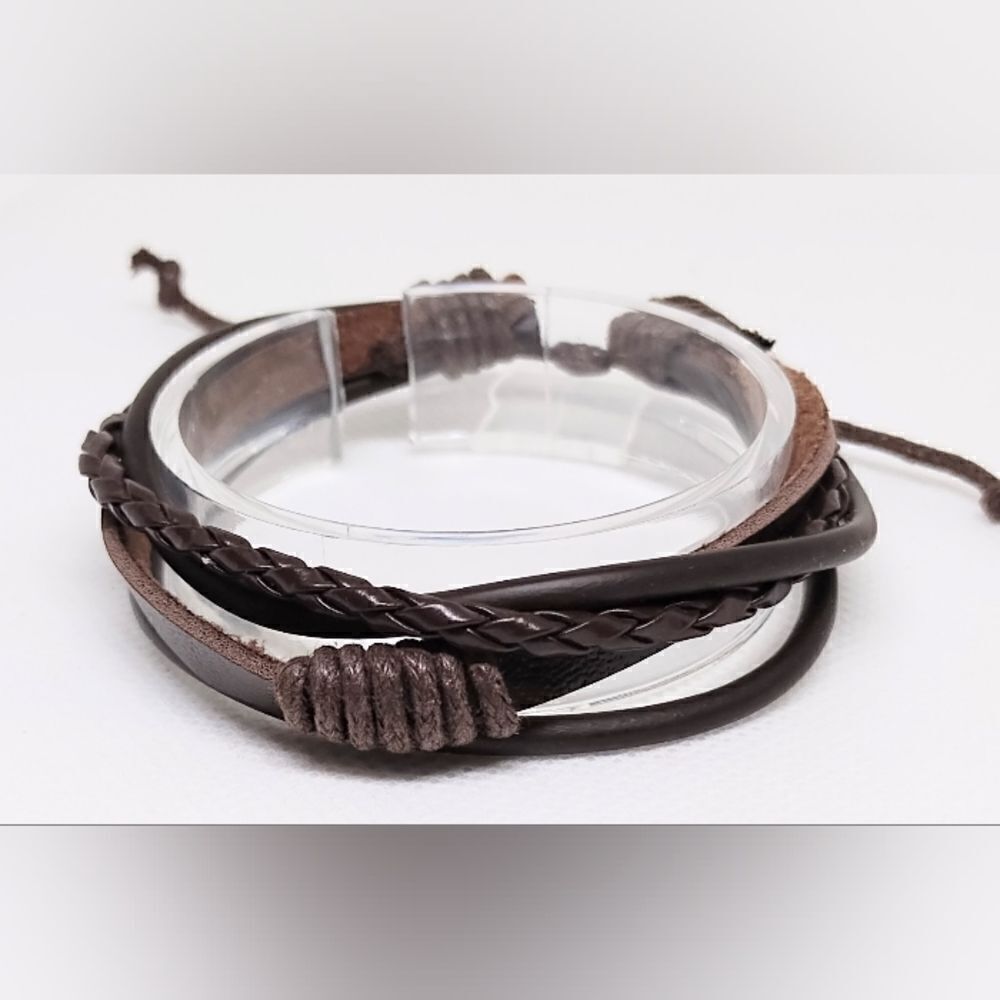 NEW leather bracelet layered braided brown e22